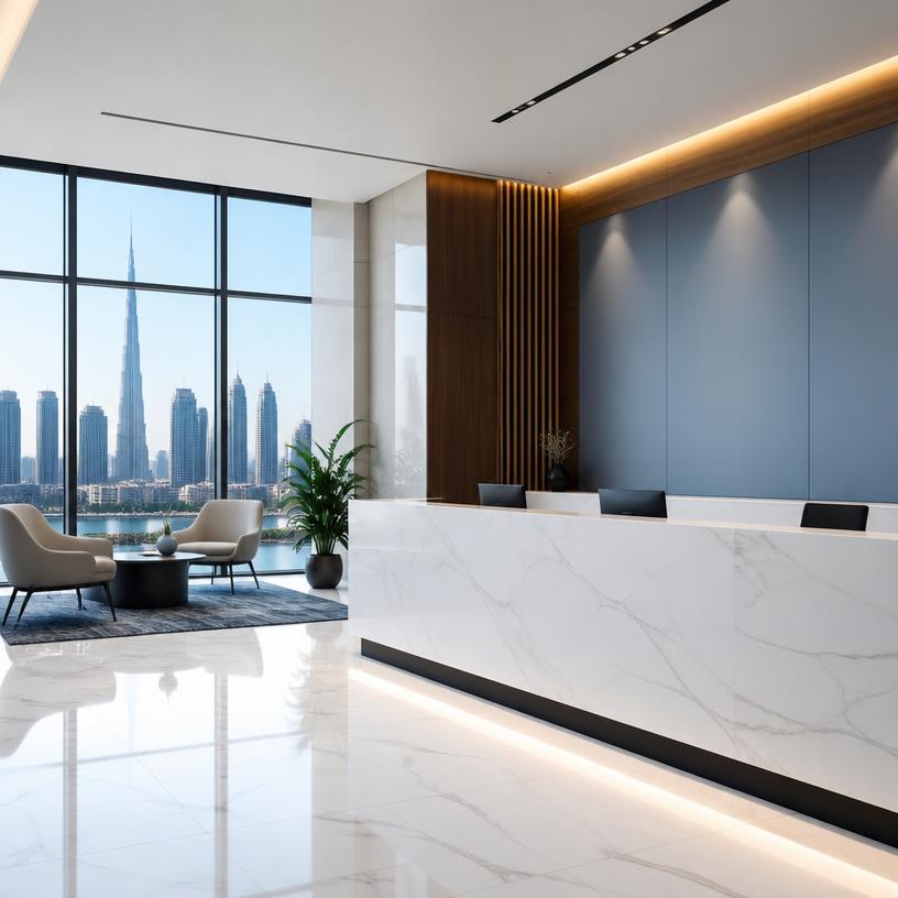 Modern reception area at the Ex Customer Support office in Business Bay, Dubai